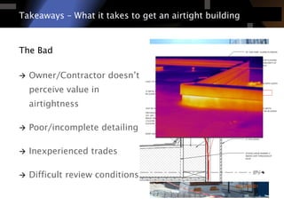 Takeaways –What it takes to get an airtight building 
The Bad 
Owner/Contractor doesn’t perceive value in airtightness 
Poor/incomplete detailing 
Inexperienced trades 
Difficult review conditions  