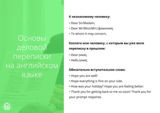 Основы
деловой
переписки
на английском
языке
К незнакомому человеку:
• Dear Sir/Madam,
• Dear Mr/Miss/Mrs (фамилия),
• To whom it may concern,
Коллеге или человеку, с которым вы уже вели
переписку в прошлом:
• Dear (имя),
• Hello (имя),
Обязательно вступительное слово:
• Hope you are well!
• Hope everything is ﬁne on your side.
• How was your holiday? Hope you are feeling better.
• Thank you for getting back to me so soon/ Thank you for
your prompt response.
 
