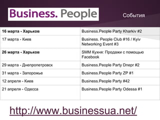 События
16 марта - Харьков Business.People Party Kharkiv #2
17 марта - Киев Business. People Club #16 / Kyiv
Networking Event #3
26 марта - Харьков SMM Кухня: Продажи с помощью
Facebook
29 марта - Днепропетровск Business.People Party Dnepr #2
31 марта - Запорожье Business.People Party ZP #1
12 апреля - Киев Business.People Party #42
21 апреля - Одесса Business.People Party Odessa #1
http://www.businessua.net/
 
