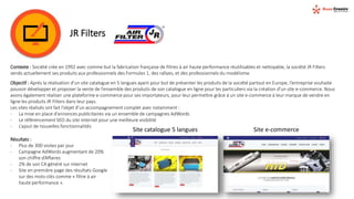 JR Filters
Contexte : Société crée en 1992 avec comme but la fabrication française de filtres à air haute performance réutilisables et nettoyable, la société JR Filters
vends actuellement ses produits aux professionnels des Formules 1, des rallyes, et des professionnels du modélisme.
Objectif : Après la réalisation d’un site catalogue en 5 langues ayant pour but de présenter les produits de la société partout en Europe, l’entreprise souhaite
pouvoir développer et proposer la vente de l’ensemble des produits de son catalogue en ligne pour les particuliers via la création d’un site e-commerce. Nous
avons également réaliser une plateforme e-commerce pour ses importateurs, pour leur permettre grâce à un site e-commerce à leur marque de vendre en
ligne les produits JR Filters dans leur pays.
Les sites réalisés ont fait l’objet d’un accompagnement complet avec notamment :
- La mise en place d’annonces publicitaires via un ensemble de campagnes AdWords
- Le référencement SEO du site internet pour une meilleure visibilité
- L’ajout de nouvelles fonctionnalités
Site catalogue 5 langues Site e-commerce
Résultats :
- Plus de 300 visites par jour
- Campagne AdWords augmentant de 20%
son chiffre d’Affaires
- 2% de son CA généré sur internet
- Site en première page des résultats Google
sur des mots-clés comme « filtre à air
haute performance ».
 