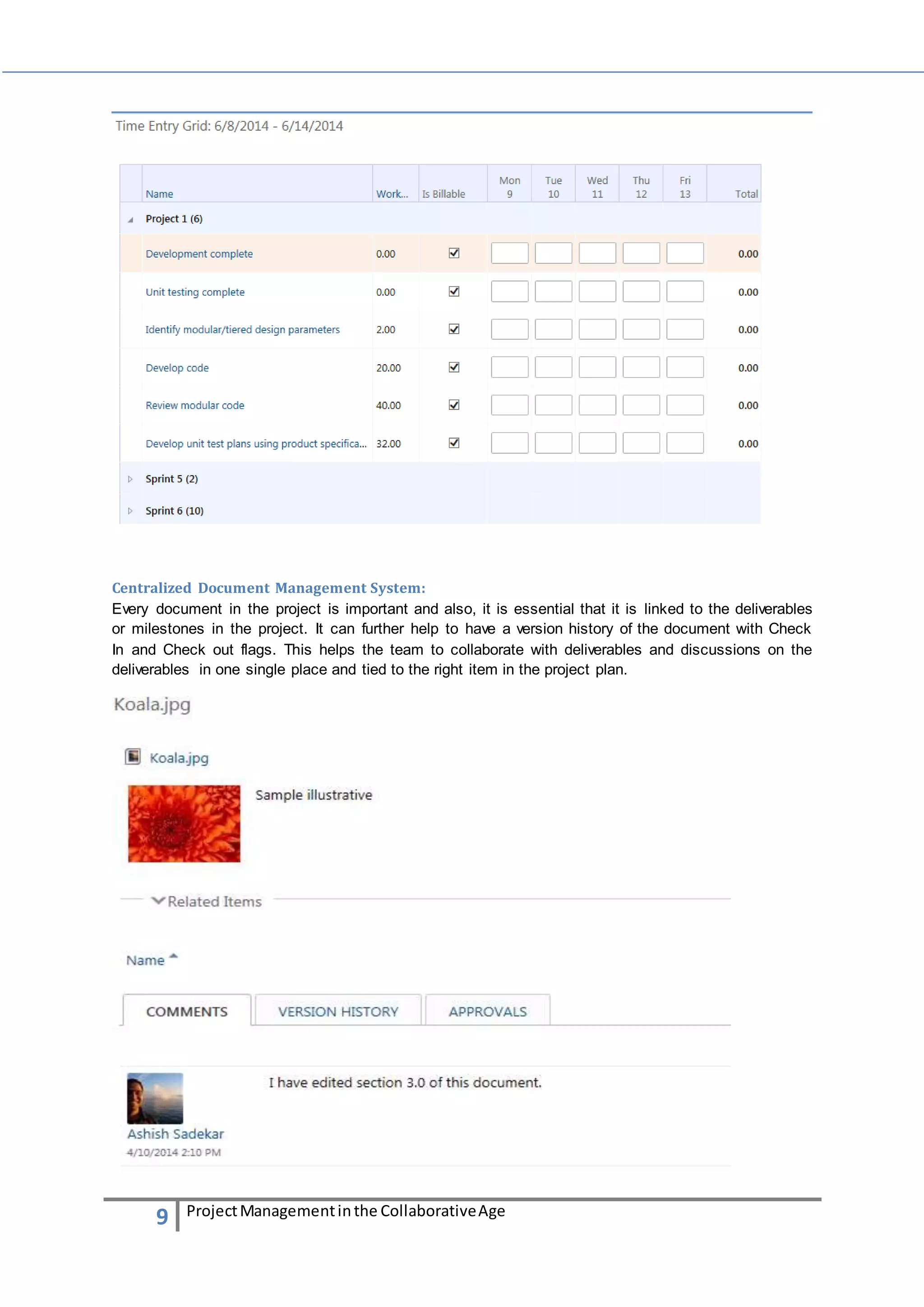 Centralized Document Management System: 
Every document in the project is important and also, it is essential that it is linked to the deliverables 
or milestones in the project. It can further help to have a version history of the document with Check 
In and Check out flags. This helps the team to collaborate with deliverables and discussions on the 
deliverables in one single place and tied to the right item in the project plan. 
9 Project Management in the Collaborative Age 
 