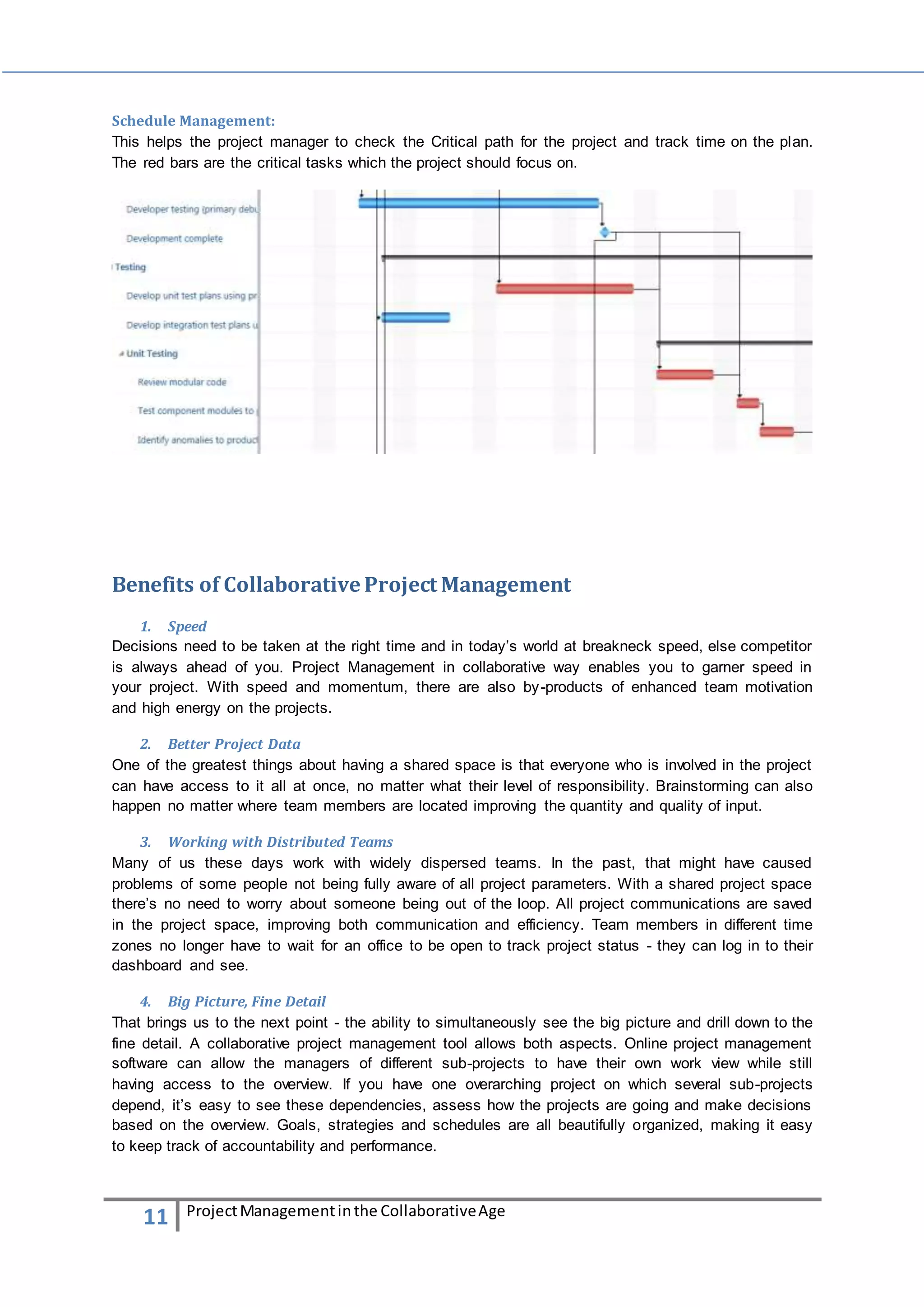 Schedule Management: 
This helps the project manager to check the Critical path for the project and track time on the plan. 
The red bars are the critical tasks which the project should focus on. 
Benefits of Collaborative Project Management 
1. Speed 
Decisions need to be taken at the right time and in today’s world at breakneck speed, else competitor 
is always ahead of you. Project Management in collaborative way enables you to garner speed in 
your project. With speed and momentum, there are also by-products of enhanced team motivation 
and high energy on the projects. 
2. Better Project Data 
One of the greatest things about having a shared space is that everyone who is involved in the project 
can have access to it all at once, no matter what their level of responsibility. Brainstorming can also 
happen no matter where team members are located improving the quantity and quality of input. 
3. Working with Distributed Teams 
Many of us these days work with widely dispersed teams. In the past, that might have caused 
problems of some people not being fully aware of all project parameters. With a shared project space 
there’s no need to worry about someone being out of the loop. All project communications are saved 
in the project space, improving both communication and efficiency. Team members in different time 
zones no longer have to wait for an office to be open to track project status - they can log in to their 
dashboard and see. 
4. Big Picture, Fine Detail 
That brings us to the next point - the ability to simultaneously see the big picture and drill down to the 
fine detail. A collaborative project management tool allows both aspects. Online project management 
software can allow the managers of different sub-projects to have their own work view while still 
having access to the overview. If you have one overarching project on which several sub-projects 
depend, it’s easy to see these dependencies, assess how the projects are going and make decisions 
based on the overview. Goals, strategies and schedules are all beautifully organized, making it easy 
to keep track of accountability and performance. 
11 Project Management in the Collaborative Age 
 