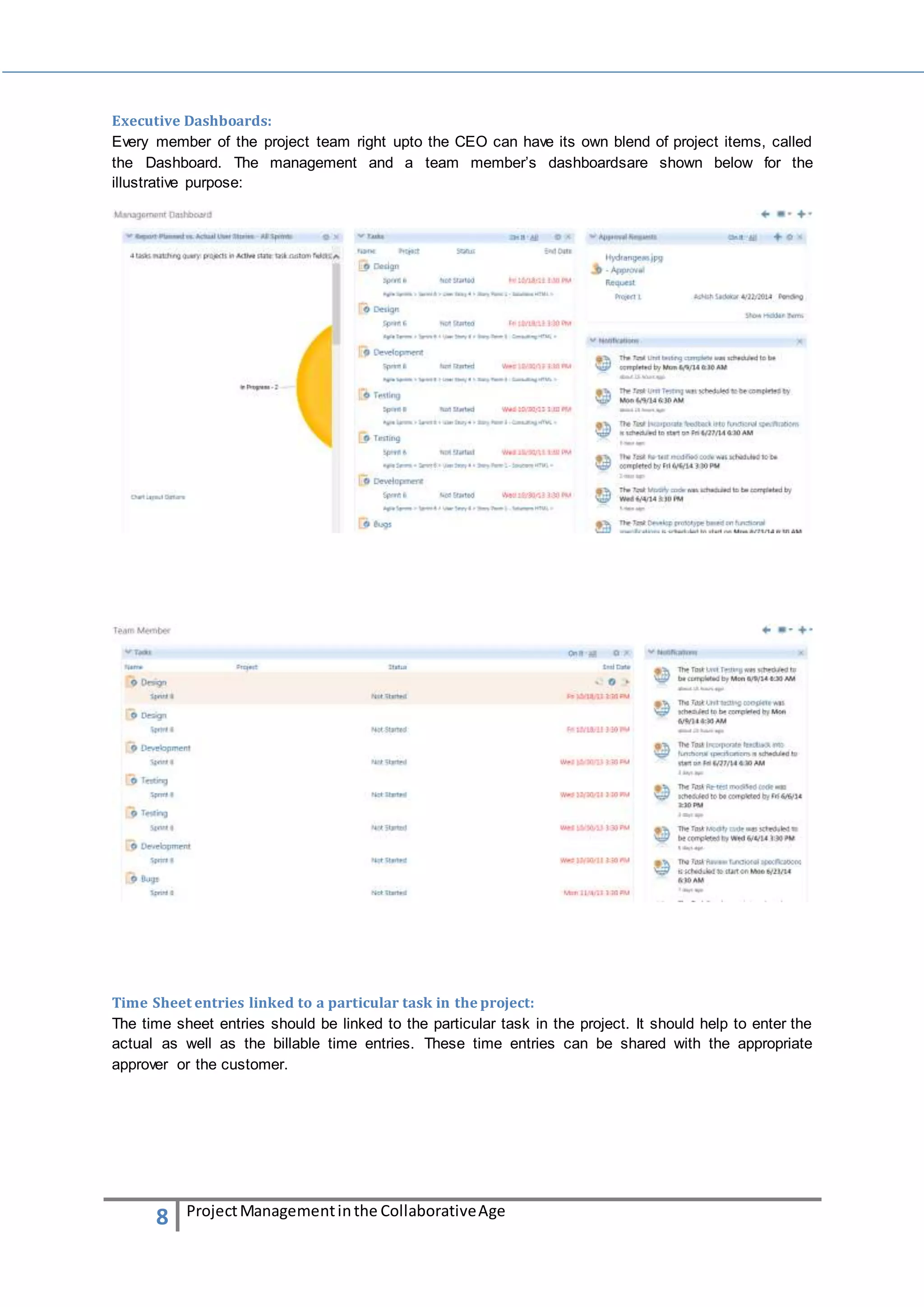 Executive Dashboards: 
Every member of the project team right upto the CEO can have its own blend of project items, called 
the Dashboard. The management and a team member’s dashboardsare shown below for the 
illustrative purpose: 
Time Sheet entries linked to a particular task in the project: 
The time sheet entries should be linked to the particular task in the project. It should help to enter the 
actual as well as the billable time entries. These time entries can be shared with the appropriate 
approver or the customer. 
8 Project Management in the Collaborative Age 
 