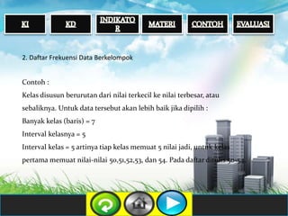 2. Daftar Frekuensi Data Berkelompok
Contoh :
Kelas disusun berurutan dari nilai terkecil ke nilai terbesar, atau
sebaliknya. Untuk data tersebut akan lebih baik jika dipilih :
Banyak kelas (baris) = 7
Interval kelasnya = 5
Interval kelas = 5 artinya tiap kelas memuat 5 nilai jadi, untuk kelas
pertama memuat nilai-nilai 50,51,52,53, dan 54. Pada daftar ditulis 50-54.
 