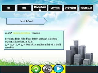 Contoh Soal
contoh materi statistika - median
berikut adalah nilai budi dalam ulangan statistika
matematika selama 8 kali :
7, 7, 10, 8, 6, 6, 7, 8. Tentukan median nilai-nilai budi
tersebut
 