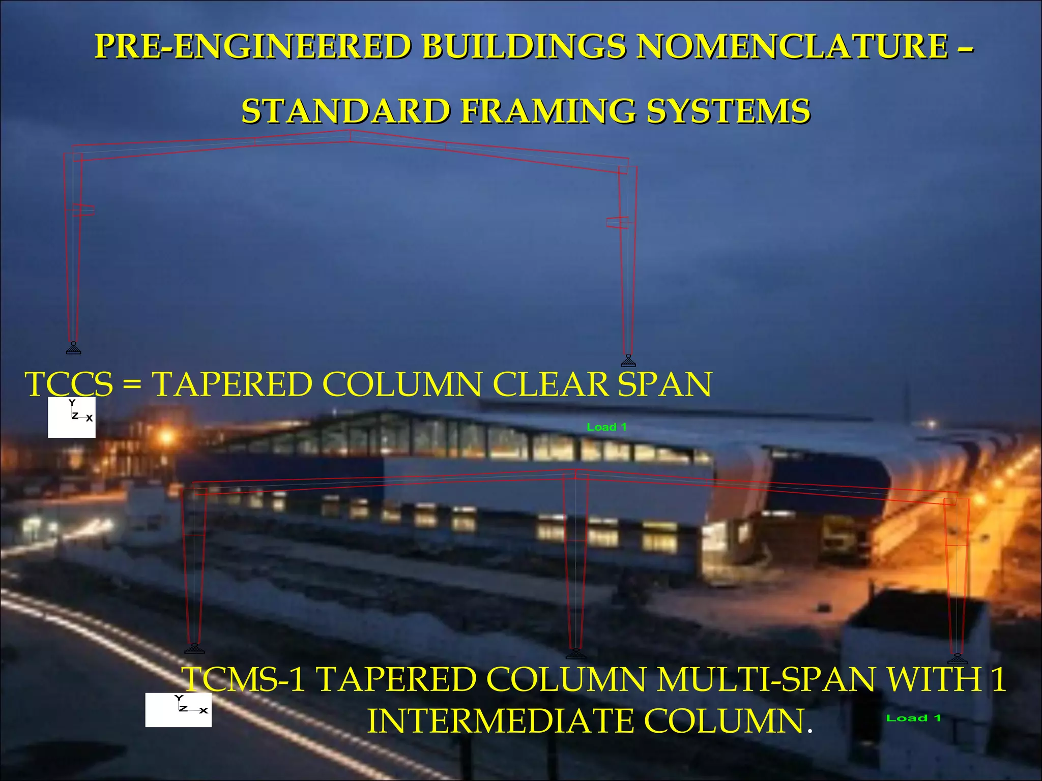 Load 1
X
Y
Z
PRE-ENGINEERED BUILDINGS NOMENCLATURE –PRE-ENGINEERED BUILDINGS NOMENCLATURE –
STANDARD FRAMING SYSTEMSSTANDARD FRAMING SYSTEMS
TCCS = TAPERED COLUMN CLEAR SPAN
Load 1
X
Y
Z
TCMS-1 TAPERED COLUMN MULTI-SPAN WITH 1
INTERMEDIATE COLUMN.
 