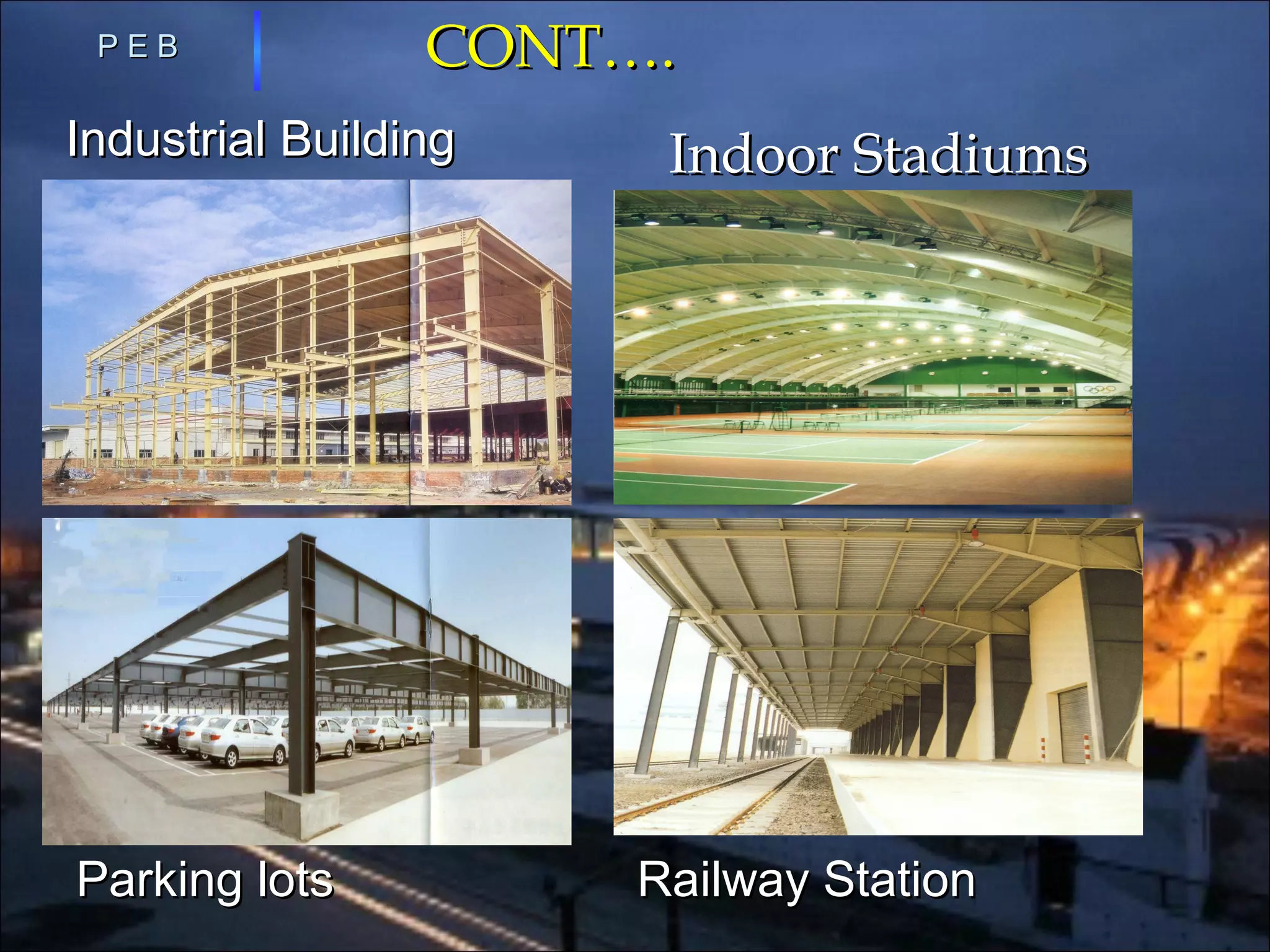 CONT….CONT….
Industrial BuildingIndustrial Building
P E BP E B
Parking lotsParking lots
Indoor StadiumsIndoor Stadiums
Railway StationRailway Station
 