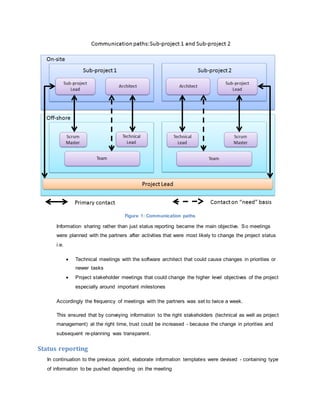 Figure 1: Communication paths 
Information sharing rather than just status reporting became the main objective. So meetings 
were planned with the partners after activities that were most likely to change the project status 
i.e. 
 Technical meetings with the software architect that could cause changes in priorities or 
newer tasks 
 Project stakeholder meetings that could change the higher level objectives of the project 
especially around important milestones 
Accordingly the frequency of meetings with the partners was set to twice a week. 
This ensured that by conveying information to the right stakeholders (technical as well as project 
management) at the right time, trust could be increased - because the change in priorities and 
subsequent re-planning was transparent. 
Status reporting 
In continuation to the previous point, elaborate information templates were devised - containing type 
of information to be pushed depending on the meeting 
 