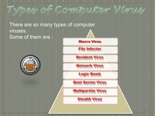There are so many types of computer
viruses.
Some of them are :
Macro Virus
File Infector
Resident Virus
Network Virus
Logic Bomb
Boot Sector Virus
Multipartite Virus
Stealth Virus
 