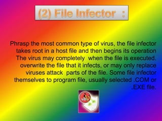 Phrasp the most common type of virus, the file infector
takes root in a host file and then begins its operation
when the file is executed.
The virus may completely
overwrite the file that it infects, or may only replace
parts of the file. Some file infector
viruses attack
themselves to program file, usually selected .COM or
.EXE file.
 