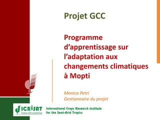 Projet GCC
Programme
d’apprentissage sur
l’adaptation aux
changements climatiques
à Mopti
Monica Petri
Gestionnaire du projet
 