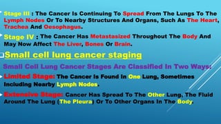  Stage III : The Cancer Is Continuing To Spread From The Lungs To The
Lymph Nodes Or To Nearby Structures And Organs, Such As The Heart,
Trachea And Oesophagus.
Stage IV : The Cancer Has Metastasized Throughout The Body And
May Now Affect The Liver, Bones Or Brain.
Small cell lung cancer staging
Small Cell Lung Cancer Stages Are Classified In Two Ways:
Limited Stage: The Cancer Is Found In One Lung, Sometimes
Including Nearby Lymph Nodes.
Extensive Stage: Cancer Has Spread To The Other Lung, The Fluid
Around The Lung (The Pleura) Or To Other Organs In The Body.
 