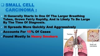  SMALL CELL
CARCINOMA :
 It Generally Starts In One Of The Larger Breathing
Tubes, Grows Fairly Rapidly, And Is Likely To Be Large
By The Time Of Diagnosis.
 It Spreads More Quickly And Aggressively
 Accounts For 15% Of Cases
 Found Mostly In Heavy Smokers
 