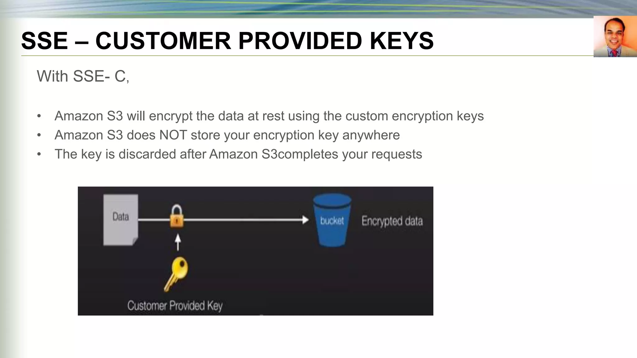 SSE – CUSTOMER PROVIDED KEYS
With SSE- C,
• Amazon S3 will encrypt the data at rest using the custom encryption keys
• Amazon S3 does NOT store your encryption key anywhere
• The key is discarded after Amazon S3completes your requests
 