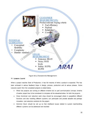 10 
INTERNAL 
GUIDELINES: 
• Conceptual 
flexibility 
• Complexity 
• Daimler standards 
11 Lessons Learnt 
CUSTOMER 
REQUIREMENTS: 
Product relevant buying criteria 
 Fuel efficiency 
 Payload 
 Reliability 
 Comfort 
LEGAL 
REQUIREMENT 
 Emission: BS-IV 
 Noise: NVH 
levels 
 Safety: SUPD, 
RUPD 
Figure 10.1, Characteristic Management 
When a project reaches Start of Production, it has full maturity of what a product is expected. This has 
been achieved in various feedback loops in design, process, production and at various phases. Some 
Lessons Learnt from the completed projects is stated below. 
 When two projects are running on different timeline but on part commonization concept, timeline 
of earlier project has to be considered to complete all the relevantactivities for both the projects. 
 Cross functional cost reduction work shop should be encouraged where in peoplefrom different 
functions and also handling different systems can participate and provide valuable and perhaps 
innovative cost reduction solutions for the project. 
 Common forum should be set up so that interfacial issues related to system teamhandling 
different systems can be addressed and resolved 
 