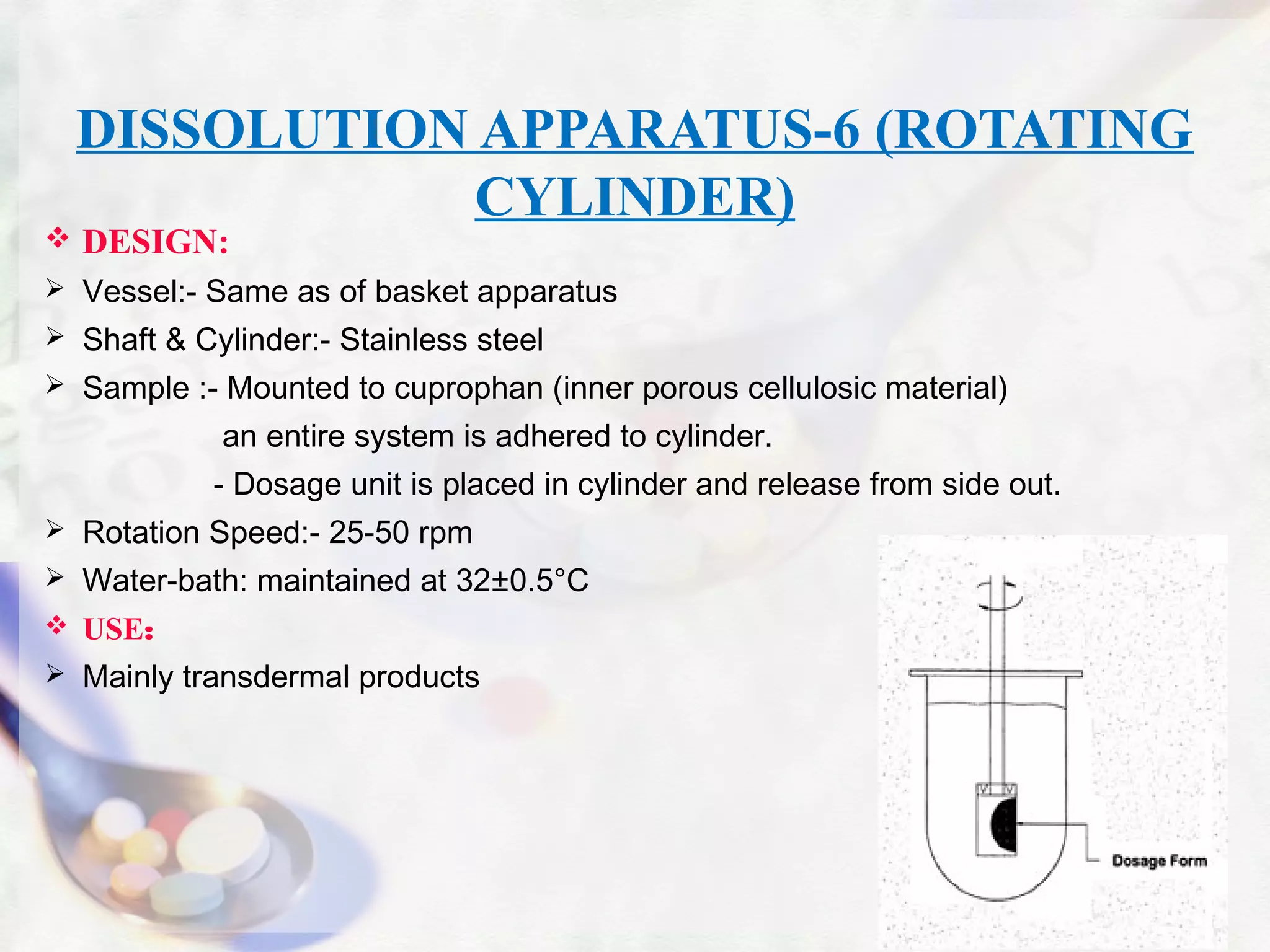 DISSOLUTION APPARATUS-6 (ROTATING
CYLINDER)
 DESIGN:
 Vessel:- Same as of basket apparatus
 Shaft & Cylinder:- Stainless steel
 Sample :- Mounted to cuprophan (inner porous cellulosic material)
an entire system is adhered to cylinder.
- Dosage unit is placed in cylinder and release from side out.
 Rotation Speed:- 25-50 rpm
 Water-bath: maintained at 32±0.5°C
 USE:
 Mainly transdermal products
11
 