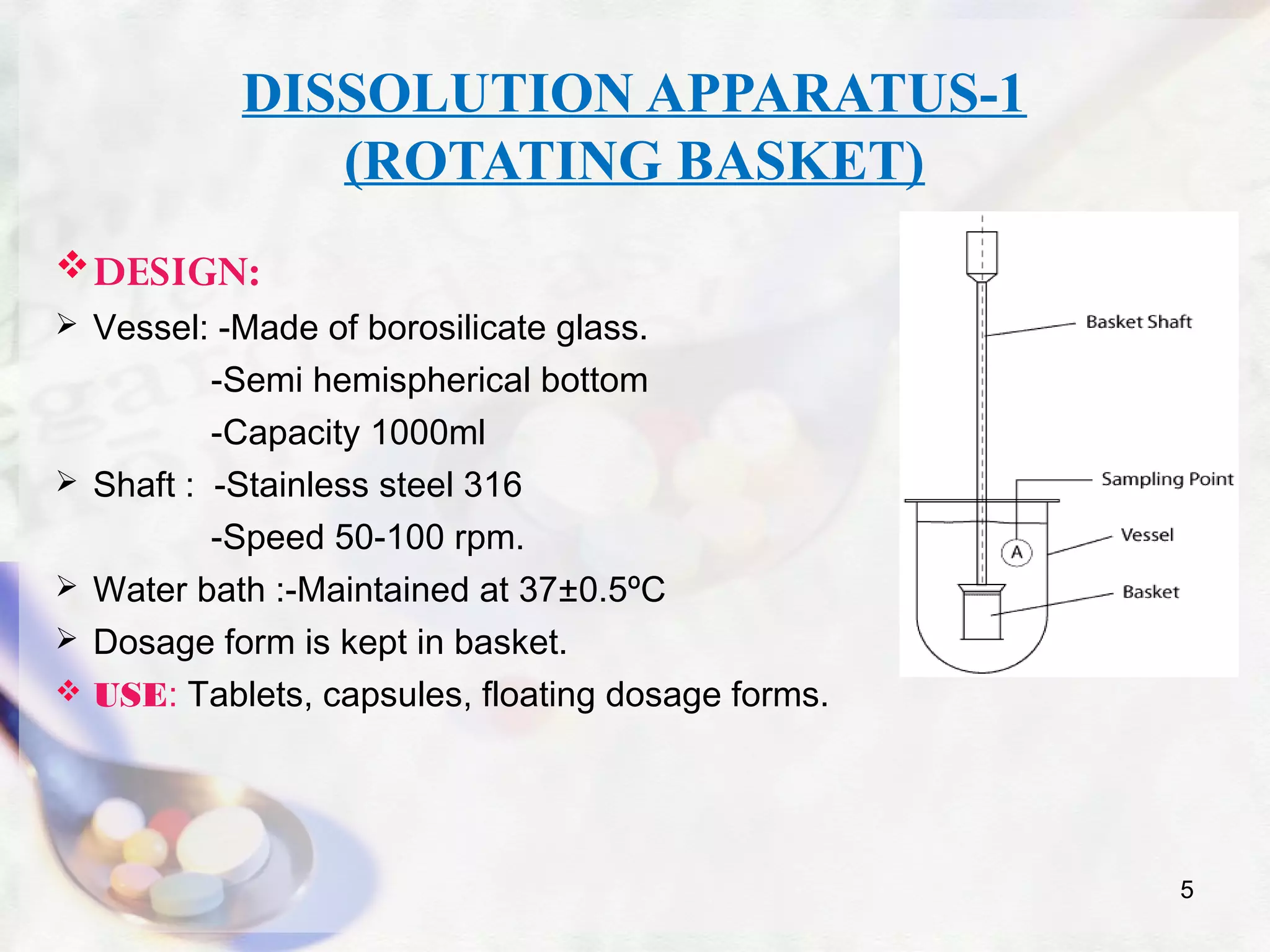 DISSOLUTION APPARATUS-1
(ROTATING BASKET)
DESIGN:
 Vessel: -Made of borosilicate glass.
-Semi hemispherical bottom
-Capacity 1000ml
 Shaft : -Stainless steel 316
-Speed 50-100 rpm.
 Water bath :-Maintained at 37±0.5ºC
 Dosage form is kept in basket.
 USE: Tablets, capsules, floating dosage forms.
5
 