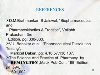 REFERENCES
D.M.Brahmankar, S Jaiswal, “Biopharmaceutics
and
Pharmacokinetics A Treatise”, Vallabh
Prakashan, 3rd
Edition, pg: 330-333.
V.U Banakar et all, “Pharmaceutical Dissolution
Testing”,
Markcel Daken, pg: 4,16,57,136,137.
The Science And Practice of Pharmacy by
REMINGTON ,Mack Pub Co. , 19th Edition,
pg: 594,
601,602.
15
 