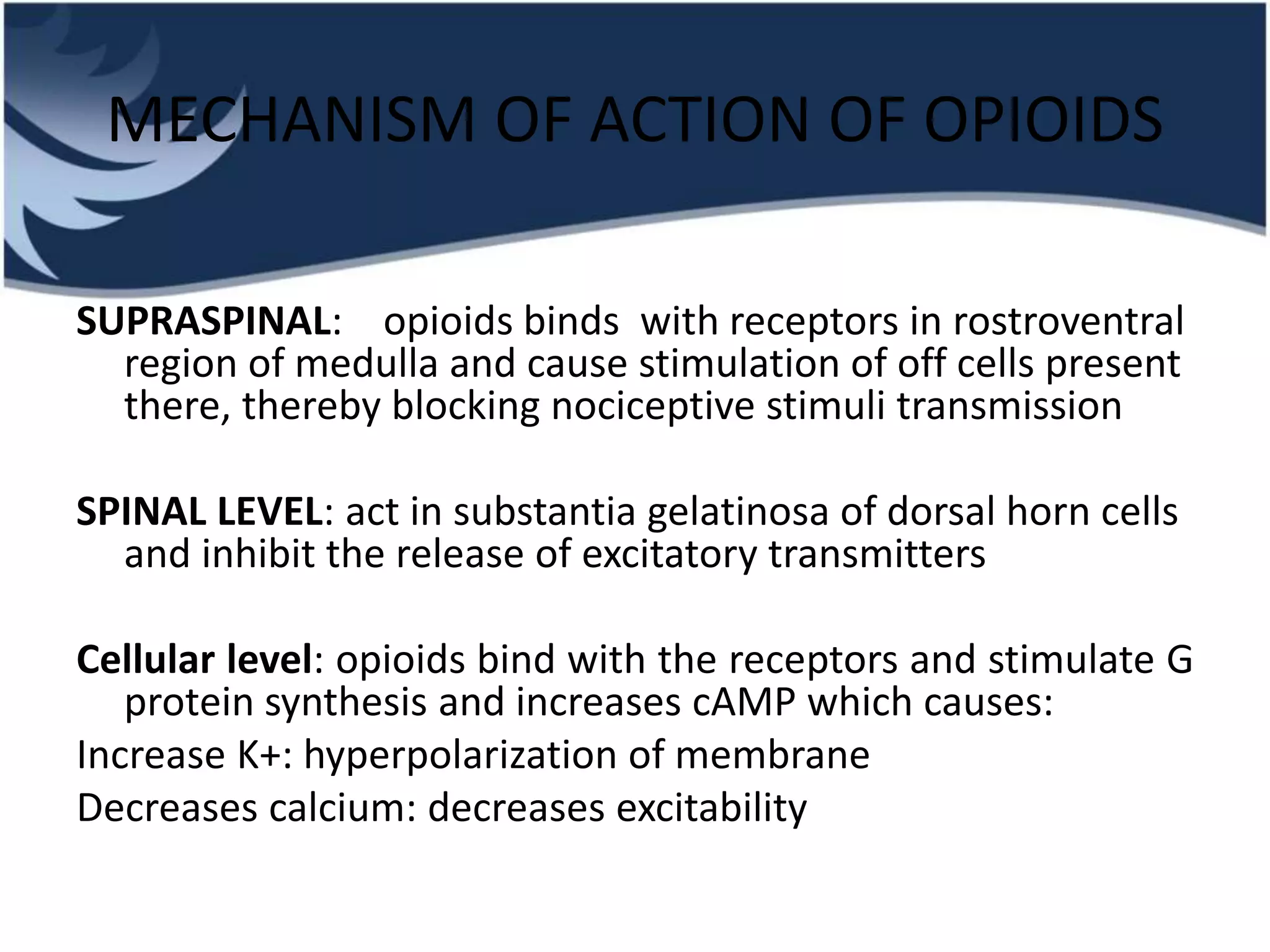 MECHANISM OF ACTION OF OPIOIDS
SUPRASPINAL: opioids binds with receptors in rostroventral
region of medulla and cause stimulation of off cells present
there, thereby blocking nociceptive stimuli transmission
SPINAL LEVEL: act in substantia gelatinosa of dorsal horn cells
and inhibit the release of excitatory transmitters
Cellular level: opioids bind with the receptors and stimulate G
protein synthesis and increases cAMP which causes:
Increase K+: hyperpolarization of membrane
Decreases calcium: decreases excitability
 
