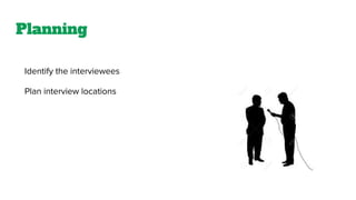 Planning
Identify the interviewees
Plan interview locations