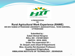 A PRESENTATION
ON
Rural Agricultural Work Experience (RAWE)
SRI DEV SUMAN UTTRAKHAND UNIVERSITY, BADSHAHITHAUL, TEHRI GARHWAL,
UTTRAKHAND
Submitted by :
Zubair Ahmad Nengroo
ROLL NO : 316189140021
(BATCH : 2018- 2022)
Under The supervision Of :-
Dr. Deepali Joshi (Head Of Department)
Miss. Anushka Rai (Assistant Professor)
Department Of Agriculture
HIMALAYAN INSTITUTE OF TECHNOLOGY , DEHRADUN
1
 