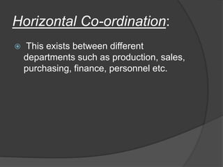 Horizontal Co-ordination:
 This exists between different
departments such as production, sales,
purchasing, finance, personnel etc.
 