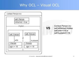 Why OCL – Visual OCL




                                                Context Person inv:
                                     VS         self.isMarried implies
                                                (self.wife.age>=18 or
                                                self.husband.age>=18)




    © AtlanMod - atlanmod-contact@mines-nantes.fr                        10
 