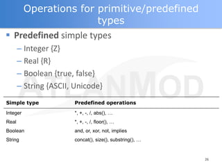 Operations for primitive/predefined
                      types
 Predefined simple types
       – Integer {Z}
       – Real {R}
       – Boolean {true, false}
       – String {ASCII, Unicode}
Simple type            Predefined operations

Integer                *, +, -, /, abs(), …
Real                   *, +, -, /, floor(), …
Boolean                and, or, xor, not, implies
String                 concat(), size(), substring(), …


                                                          26
 