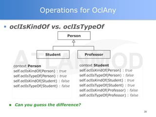 Operations for OclAny

 oclIsKindOf vs. oclIsTypeOf
                                    Person




                       Student               Professor


     context Person                      context Student
     self.oclIsKindOf(Person) : true     self.oclIsKindOf(Person) : true
     self.oclIsTypeOf(Person) : true     self.oclIsTypeOf(Person) : false
     self.oclIsKindOf(Student) : false   self.oclIsKindOf(Student) : true
     self.oclIsTypeOf(Student) : false   self.oclIsTypeOf(Student) : true
                                         self.oclIsKindOf(Professor) : false
                                         self.oclIsTypeOf(Professor) : false

    Can you guess the difference?
                                                                               28
 