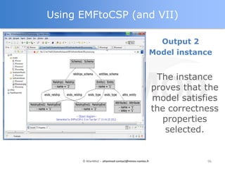 Using EMFtoCSP (and VII)

                                                        Output 2
                                                      Model instance


                                                       The instance
                                                      proves that the
                                                      model satisfies
                                                      the correctness
                                                         properties
                                                         selected.


      © AtlanMod - atlanmod-contact@mines-nantes.fr                96
 