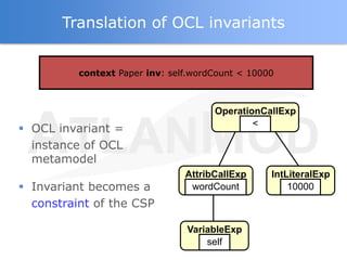 Translation of OCL invariants


          context Paper inv: self.wordCount < 10000



                                      OperationCallExp
                                              <
 OCL invariant =
  instance of OCL
  metamodel
                                AttribCallExp     IntLiteralExp
 Invariant becomes a            wordCount            10000
  constraint of the CSP

                                VariableExp
                                    self
 