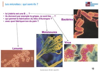 12Tout droit réservé - CIPE 2015 - www.CIPE.fr
Les microbes : qui sont-ils ?
• la Listéria est une B … ?
• ils donnent par exemple la grippe, ce sont les … ?
• qui permet la fabrication du bleu d'Auvergne ?
• avec quoi fabrique-t-on du pain ?
Bactéries
Virus
Moisissures
Levures
 