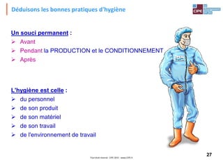 27Tout droit réservé - CIPE 2015 - www.CIPE.fr
Déduisons les bonnes pratiques d'hygiène
Un souci permanent :
 Avant
 Pendant la PRODUCTION et le CONDITIONNEMENT
 Après
L'hygiène est celle :
 du personnel
 de son produit
 de son matériel
 de son travail
 de l'environnement de travail
 