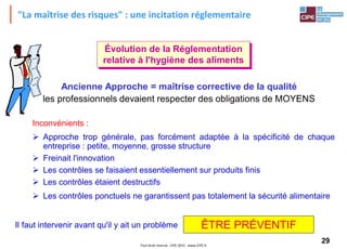 29Tout droit réservé - CIPE 2015 - www.CIPE.fr
Évolution de la Réglementation
relative à l'hygiène des aliments
"La maîtrise des risques" : une incitation réglementaire
Ancienne Approche = maîtrise corrective de la qualité
les professionnels devaient respecter des obligations de MOYENS
Inconvénients :
 Approche trop générale, pas forcément adaptée à la spécificité de chaque
entreprise : petite, moyenne, grosse structure
 Freinait l'innovation
 Les contrôles se faisaient essentiellement sur produits finis
 Les contrôles étaient destructifs
 Les contrôles ponctuels ne garantissent pas totalement la sécurité alimentaire
Il faut intervenir avant qu'il y ait un problème ÊTRE PRÉVENTIF
 