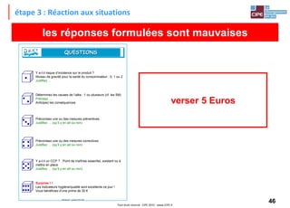 46Tout droit réservé - CIPE 2015 - www.CIPE.fr
étape 3 : Réaction aux situations
les réponses formulées sont mauvaises
verser 5 Euros
DéfiHygiène® - copyright CIPE 2004
QUESTIONSQUESTIONS
Y a-t-il risque d’incidence sur le produit ?
Niveau de gravité pour la santé du consommateur : 0, 1 ou 2
Justifiez …
Déterminez les causes de l’aléa : 1 ou plusieurs (cf. les 5M)
Précisez …
Anticipez les conséquences
Préconisez une ou des mesures préventives
Justifiez … (qu’il y en ait ou non)
Surprise ! !
Les indicateurs hygiène/qualité sont excellents ce jour !
Vous bénéficiez d’une prime de 30 €
Y a-t-il un CCP ? : Point de maîtrise essentiel, existant ou à
mettre en place
Justifiez … (qu’il y en ait ou non)
Préconisez une ou des mesures correctives
Justifiez … (qu’il y en ait ou non)
 
