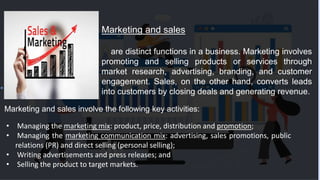 Marketing and sales
are distinct functions in a business. Marketing involves
promoting and selling products or services through
market research, advertising, branding, and customer
engagement. Sales, on the other hand, converts leads
into customers by closing deals and generating revenue.
Marketing and sales involve the following key activities:
• Managing the marketing mix: product, price, distribution and promotion;
• Managing the marketing communication mix: advertising, sales promotions, public
relations (PR) and direct selling (personal selling);
• Writing advertisements and press releases; and
• Selling the product to target markets.
 