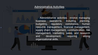 Administrative Activities
Administrative activities involve managing
business operations, including planning,
budgeting, regulatory compliance, human
resource management, financial management,
supply chain management, communication, risk
management, marketing, sales, and research
and development, requiring strong
organizational skills.
 