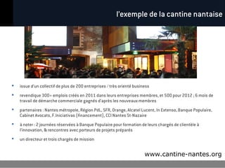 l’exemple de la cantine nantaise




   issue d’un collectif de plus de 200 entreprises / très orienté business
   revendique 300+ emplois créés en 2011 dans leurs entreprises membres, et 500 pour 2012 ; 6 mois de
    travail de démarche commerciale gagnés d’après les nouveaux membres
   partenaires : Nantes métropole, Région PdL, SFR, Orange, Alcatel Lucent, In Extenso, Banque Populaire,
    Cabinet Avocats, F.Iniciativas (financement), CCI Nantes St-Nazaire
   à noter : 2 journées réservées à Banque Populaire pour formation de leurs chargés de clientèle à
    l’innovation, & rencontres avec porteurs de projets préparés
   un directeur et trois chargés de mission


                                                                        www.cantine-nantes.org
 