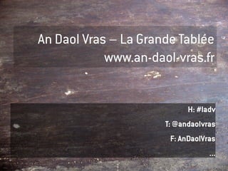 An Daol Vras – La Grande Tablée
            www.an-daol-vras.fr


                            H: #ladv
                      T: @andaolvras
                       F: AnDaolVras
                                  ...
 