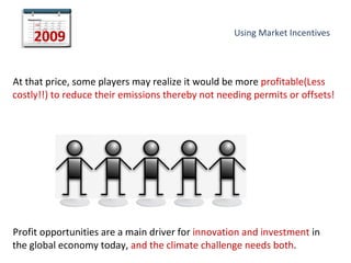 2009                                           Using Market Incentives




At that price, some players may realize it would be more profitable(Less
costly!!) to reduce their emissions thereby not needing permits or offsets!




Profit opportunities are a main driver for innovation and investment in
the global economy today, and the climate challenge needs both.
 