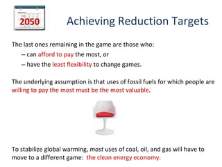 2050             Achieving Reduction Targets
The last ones remaining in the game are those who:
   – can afford to pay the most, or
   – have the least flexibility to change games.

The underlying assumption is that uses of fossil fuels for which people are
willing to pay the most must be the most valuable.




To stabilize global warming, most uses of coal, oil, and gas will have to
move to a different game: the clean energy economy.
 