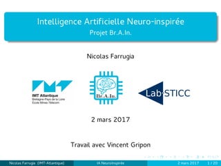 Intelligence Artiﬁcielle Neuro-inspirée
Projet Br.A.In.
Nicolas Farrugia
Br.A.In.
2 mars 2017
Travail avec Vincent Gripon
Nicolas Farrugia (IMT-Atlantique) IA NeuroInspirée 2 mars 2017 1 / 20
 