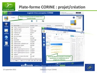 Clôture du Projet CORINE 
25 septembre 2013 
Plate-forme CORINE : projet/création 
Retour à la partie projet et création d’un nouveau projet 
Saisie des éléments associés à une étude quantitative et modélisation de la poignée de référence  