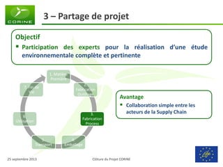 Clôture du Projet CORINE 
25 septembre 2013 
3 – Partage de projet 
Objectif 
Participation des experts pour la réalisation d’une étude environnementale complète et pertinente 
Avantage 
Collaboration simple entre les acteurs de la Supply Chain 
1. Matière Première 
2. Fabrication Outillage 
3. Fabrication Process 
4. Emballage 
5. Transport 
6. Utilisation 
7. Fin de Vie  