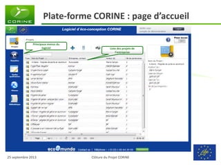 Clôture du Projet CORINE 
25 septembre 2013 
Plate-forme CORINE : page d’accueil 
Principaux menus du logiciel 
Liste des projets de l’entreprise  