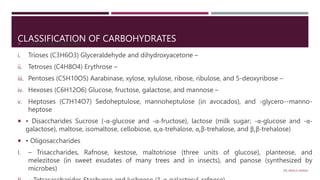 CLASSIFICATION OF CARBOHYDRATES
 • Monosaccharides –
i. Trioses (C3H6O3) Glyceraldehyde and dihydroxyacetone –
ii. Tetroses (C4H8O4) Erythrose –
iii. Pentoses (C5H10O5) Aarabinase, xylose, xylulose, ribose, ribulose, and 5-deoxyribose –
iv. Hexoses (C6H12O6) Glucose, fructose, galactose, and mannose –
v. Heptoses (C7H14O7) Sedoheptulose, mannoheptulose (in avocados), and -glycero--manno-
heptose
 • Disaccharides Sucrose (-α-glucose and -α-fructose), lactose (milk sugar; -α-glucose and -α-
galactose), maltose, isomaltose, cellobiose, α,α-trehalose, α,β-trehalose, and β,β-trehalose)
 • Oligosaccharides
I. – Trisaccharides, Rafnose, kestose, maltotriose (three units of glucose), planteose, and
melezitose (in sweet exudates of many trees and in insects), and panose (synthesized by
microbes) DR. RAHUL DANGI
 