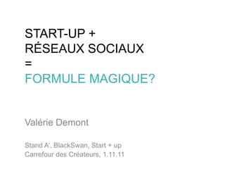 START-UP +
RÉSEAUX SOCIAUX
=
FORMULE MAGIQUE?


Valérie Demont

Stand A’, BlackSwan, Start + up
Carrefour des Créateurs, 1.11.11
 