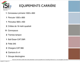 EQUIPEMENTS CARRIÈRE

             1  Concasseur primaire 1000 x 800

           1  Percuier 1200 x 800

           1  Percuteur 800 x 400

           2  Cribles de 16 metri quadrati

         11  Convoyeurs 

           2  Tremies tampon

           1  Bull Dozer CAT D9R

           2  Pelle 345

           2  Chargers CAT 966

           6  Camions 6 x 4

           1  Groupe électrogène 
                      Toutes les information publiée dans cette présentation il sont de propriété de Isi Consulting & Service S.a.r.l et la divulgation est interdit!
giovedì 21 marzo 13
 
