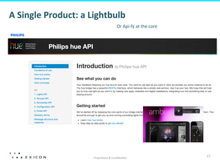 A	
  Single	
  Product:	
  a	
  Lightbulb	
  
                                                       Or	
  Api-­‐fy	
  at	
  the	
  core	
  




                                Proprietary	
  &	
  Conﬁden;al	
  
                                                                                                 17	
  
 