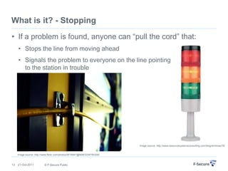 What is it? - Stopping
• If a problem is found, anyone can “pull the cord” that:
     • Stops the line from moving ahead
     • Signals the problem to everyone on the line pointing
       to the station in trouble




                                                                          Image source: http://www.resourcesystemsconsulting.com/blog/archives/78


     Image source: http://www.flickr.com/photos/9516941@N08/3334795306/


13   21-Oct-2011          © F-Secure Public
 